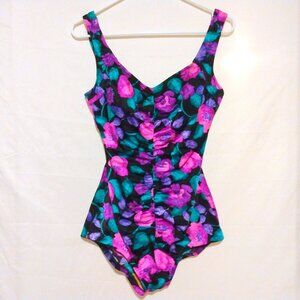 Maxine Of Hollywood Floral Ruched One Piece Lined Swimsuit 14 Retro Made in USA